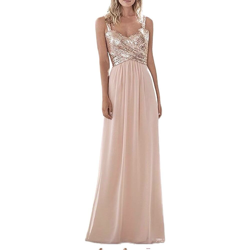 Rose Gold Prom Dress, Long Sequined, Sweetheart Chiffon Formal Wedding Pro - Picture 2 of 8